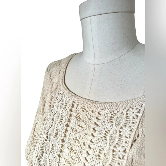 Romantic Lace panel sweater Snereono knit crochet pointelle cream, scoop neck - Picture 3 of 7
